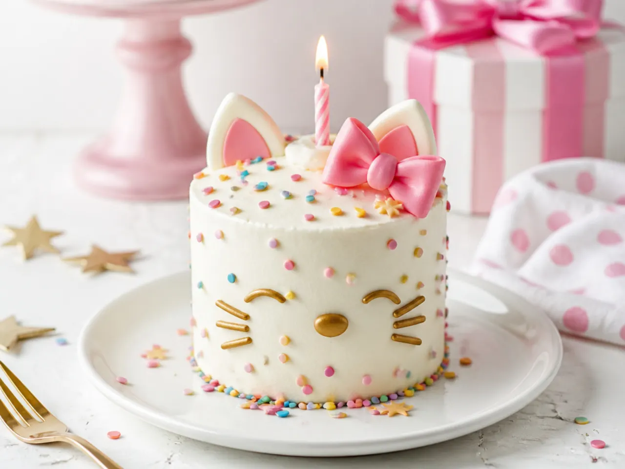 Festive mini Hello Kitty birthday cake with confetti sprinkles and a candle