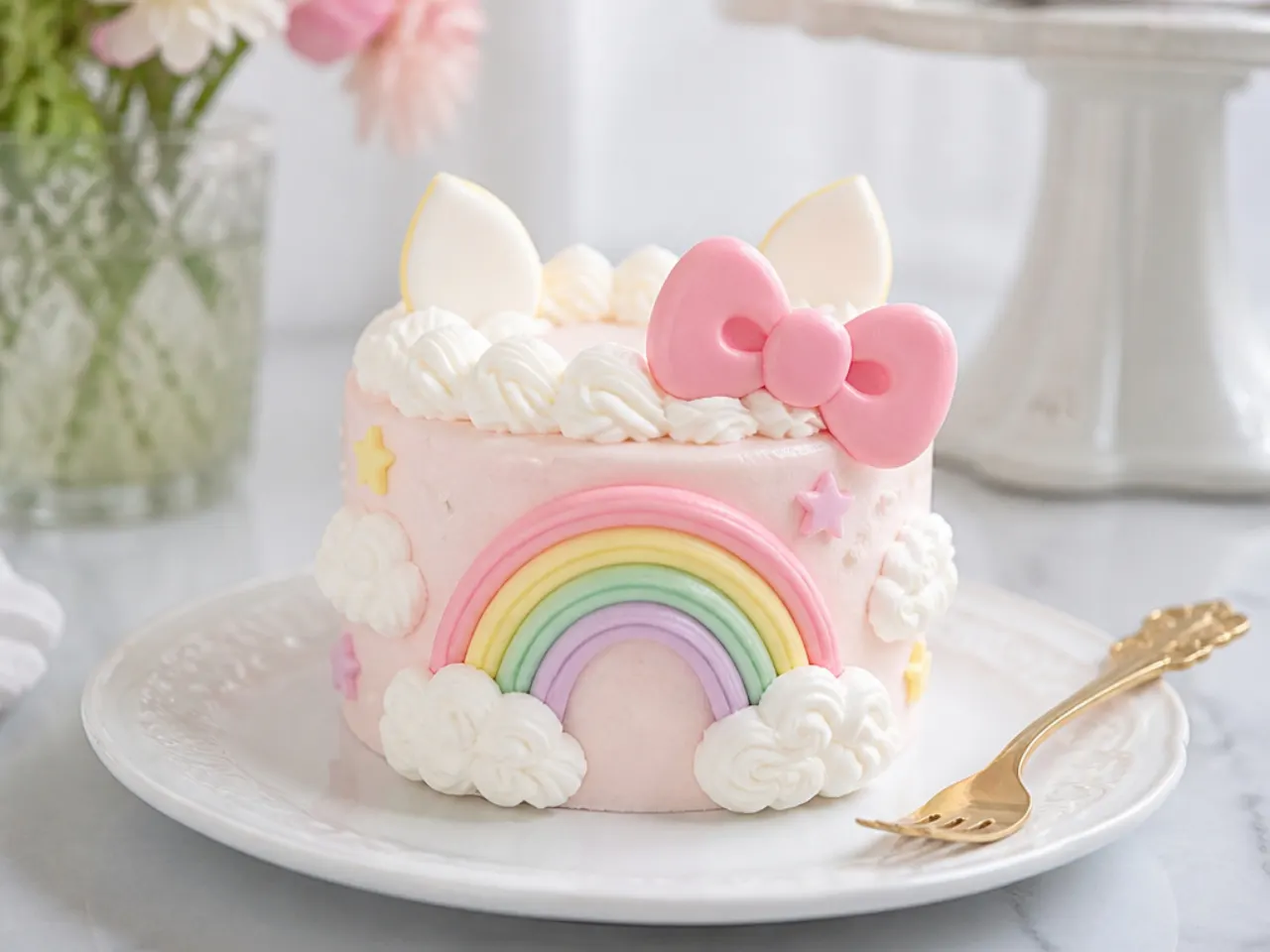 Whimsical mini Hello Kitty cake with piped white clouds and a pastel rainbow