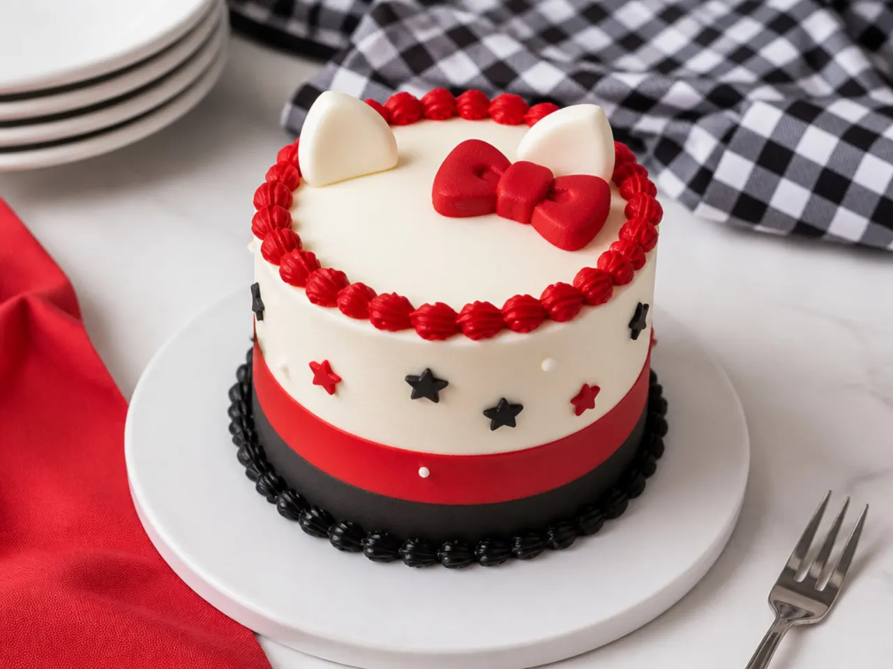 Bold red, white and black colour-block mini Hello Kitty cake with piped borders
