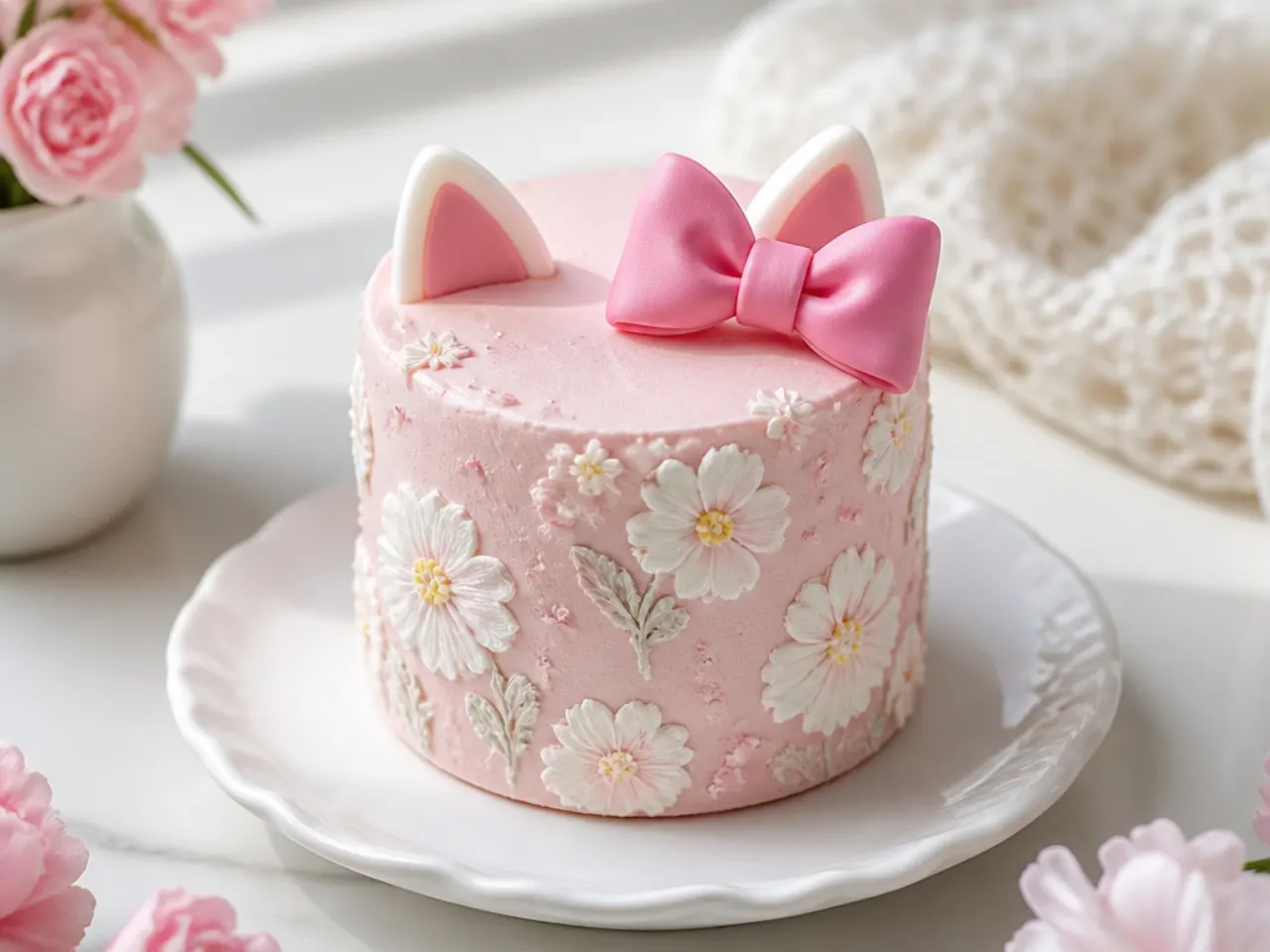 Delicate mini Hello Kitty-inspired cake with white brush embroidery flowers on pink buttercream
