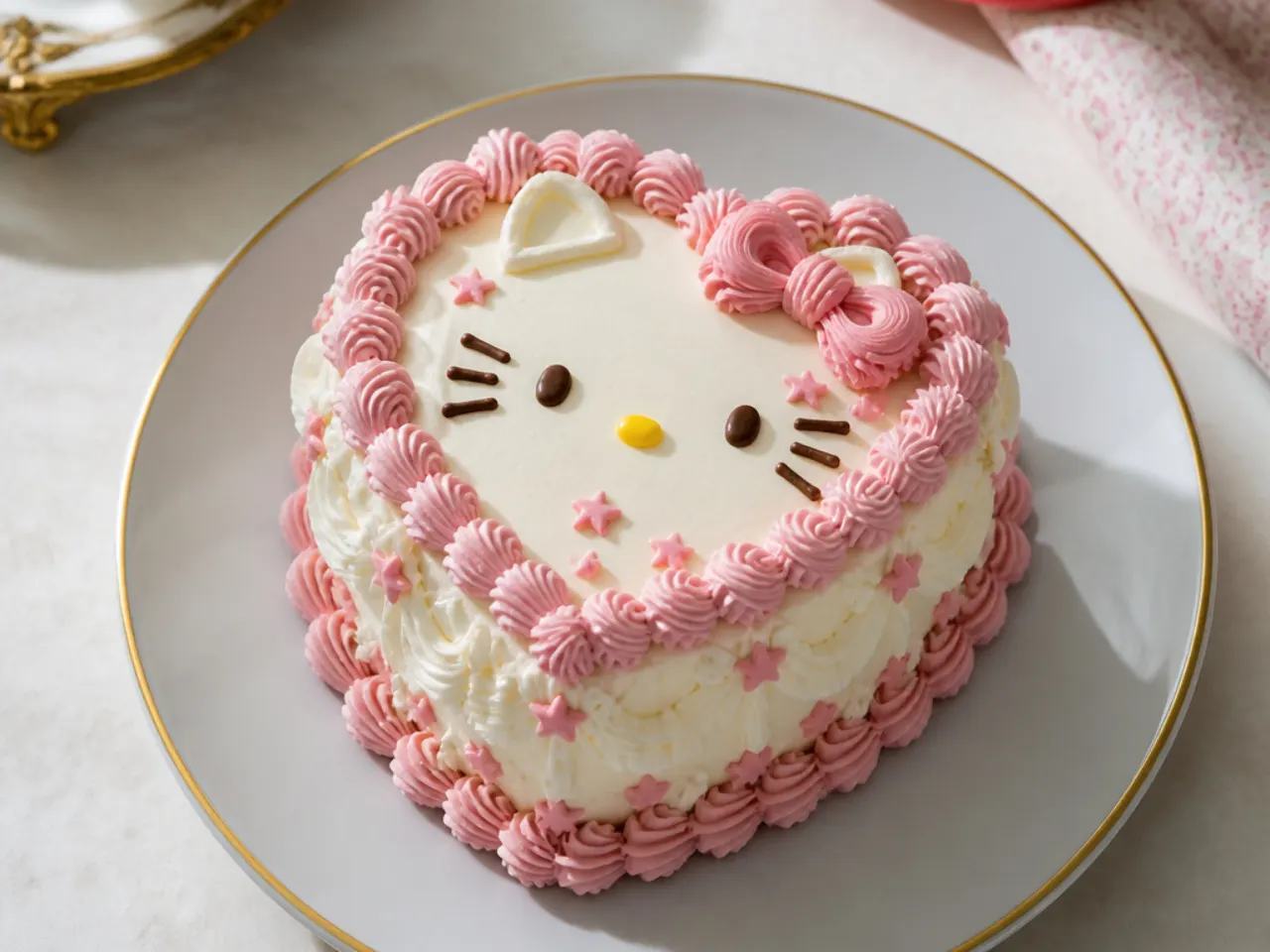 Vintage heart-shaped mini Hello Kitty cake with Lambeth-style shell and ruffle piping
