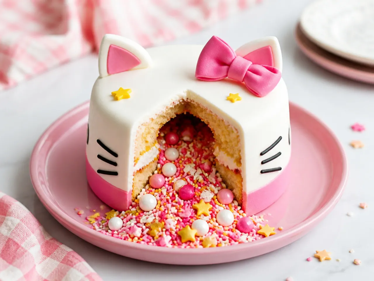 Creative pinata mini Hello Kitty cake spilling sprinkles from its hidden centre