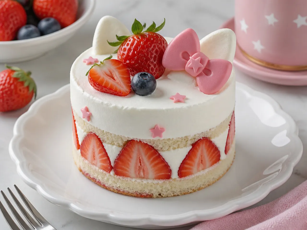 Charming strawberry shortcake-style mini Hello Kitty cake with whipped cream and fresh berries