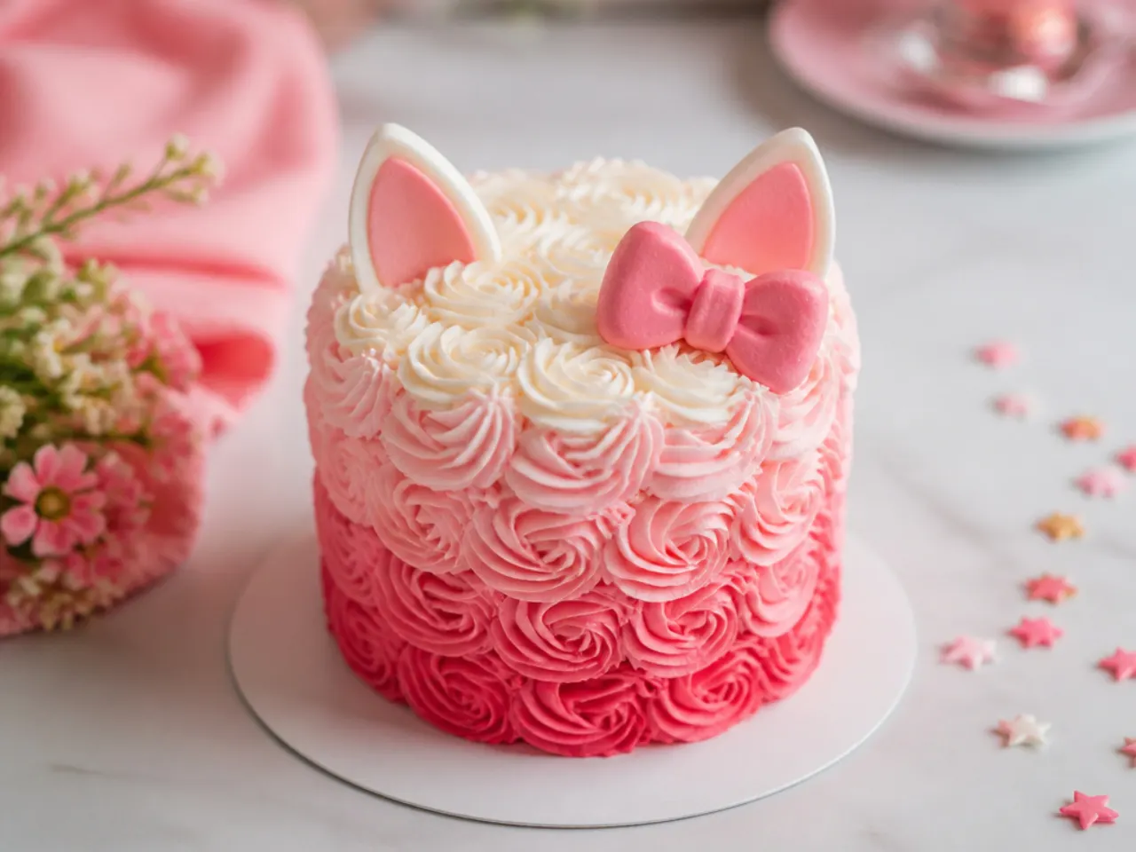 Pink ombre rosette mini Hello Kitty cake piped with a Wilton 1M star tip
