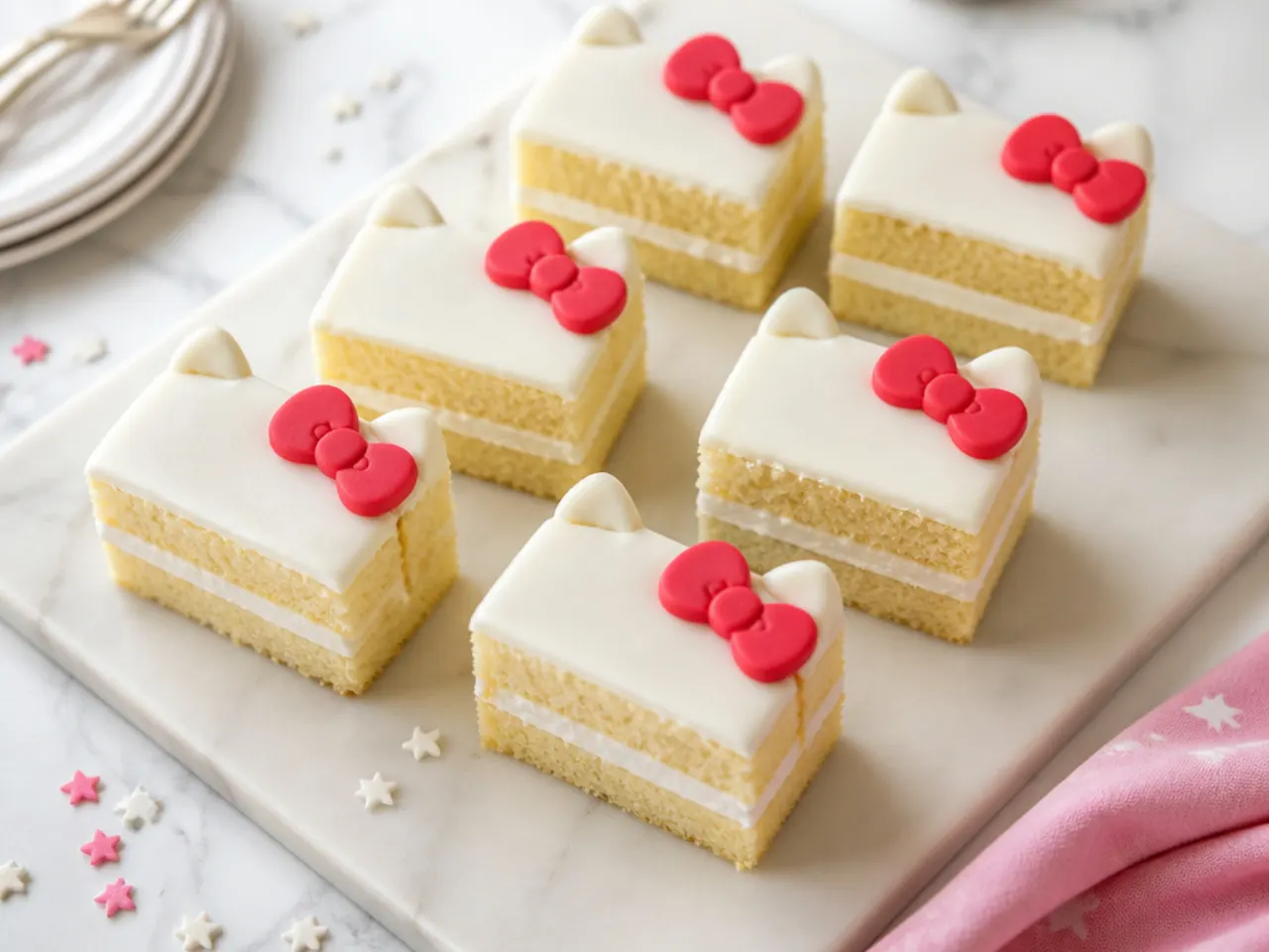 Batch of easy mini Hello Kitty cakes cut from a sheet cake and topped with red bows