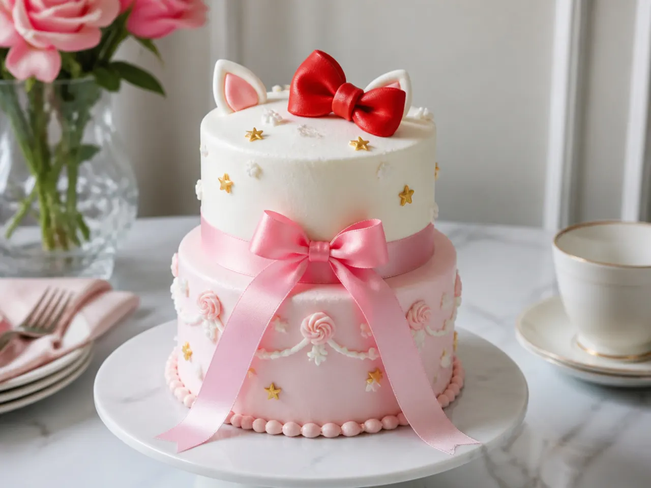 Elegant two-tier mini Hello Kitty cake with satin ribbon and a red bow topper