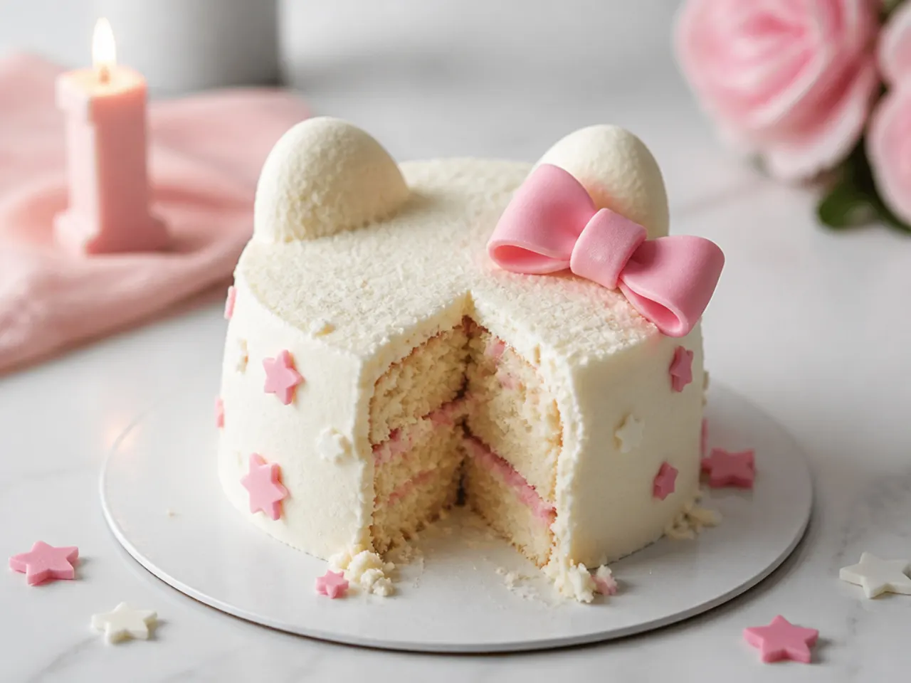 Playful Hello Kitty-inspired smash cake with ear shapes and a pink bow for a first birthday