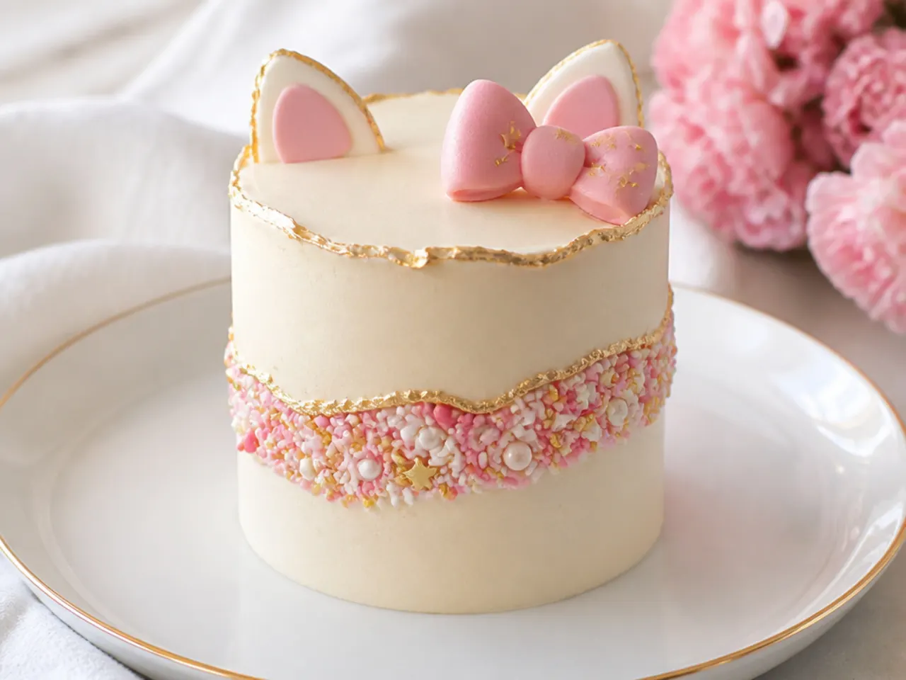 Modern fault line mini Hello Kitty cake with a sprinkle band and gold-painted edges