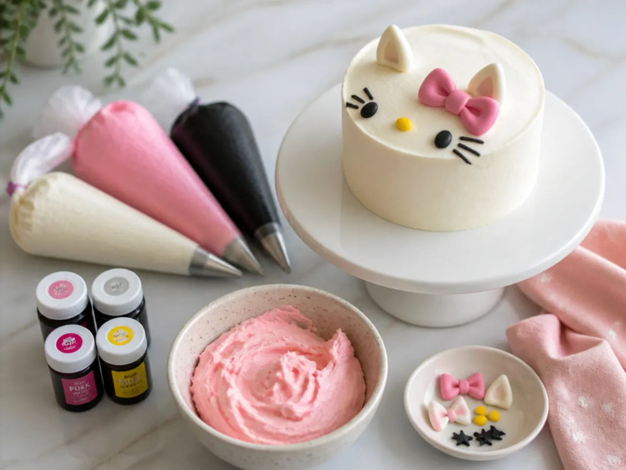 Piping bags, gel colours and tinted buttercream ready for decorating a mini Hello Kitty cake