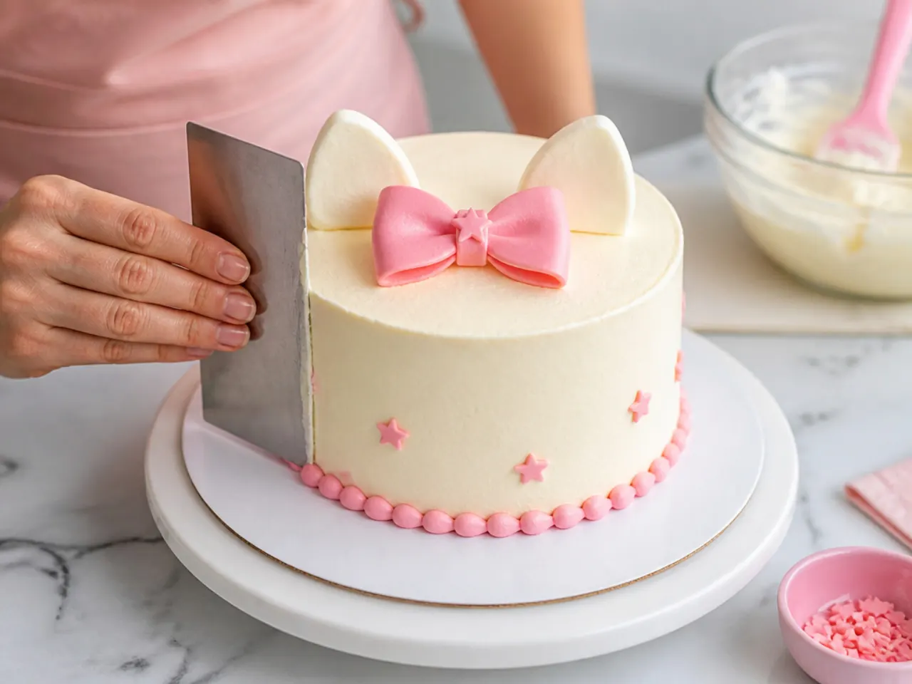 Decorator smoothing buttercream on a mini Hello Kitty cake to avoid common frosting mistakes