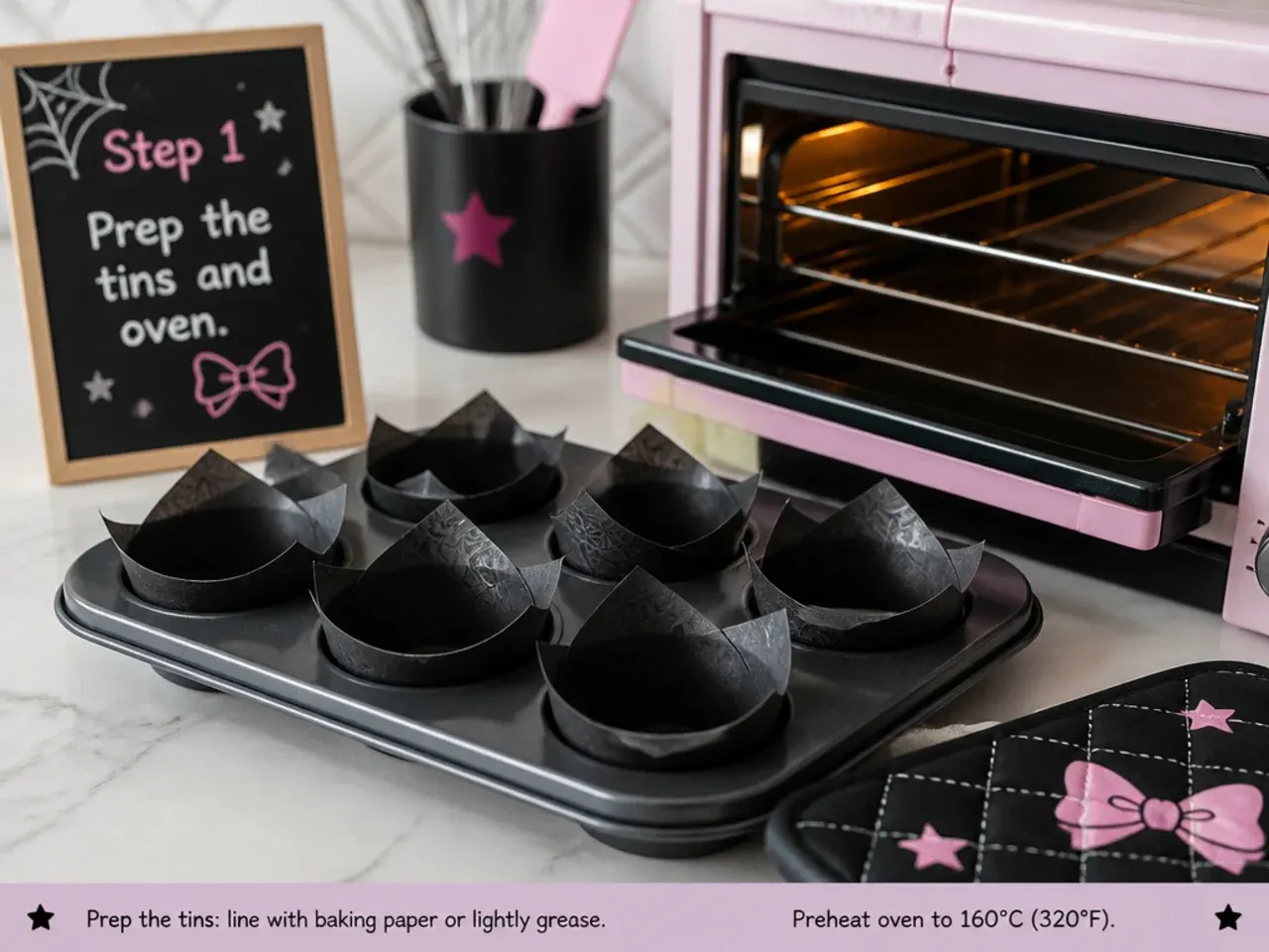 mini kuromi cake — step 1: prep the tins and oven