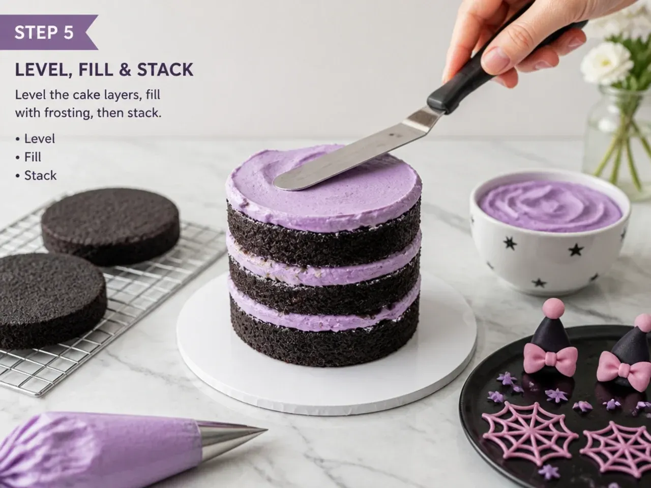 mini kuromi cake — step 5: level, fill, and stack