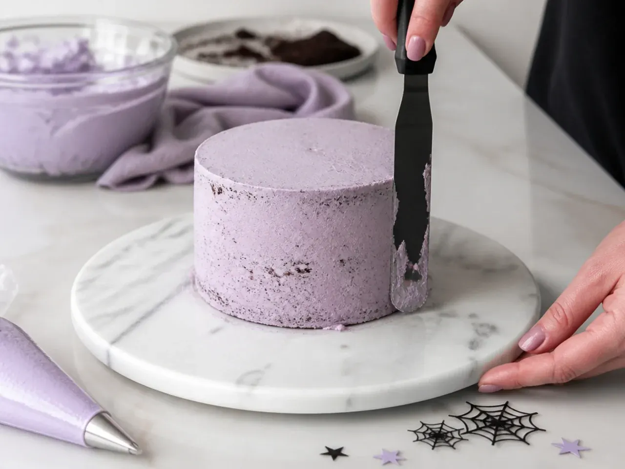 mini kuromi cake — step 6: crumb coat and chill