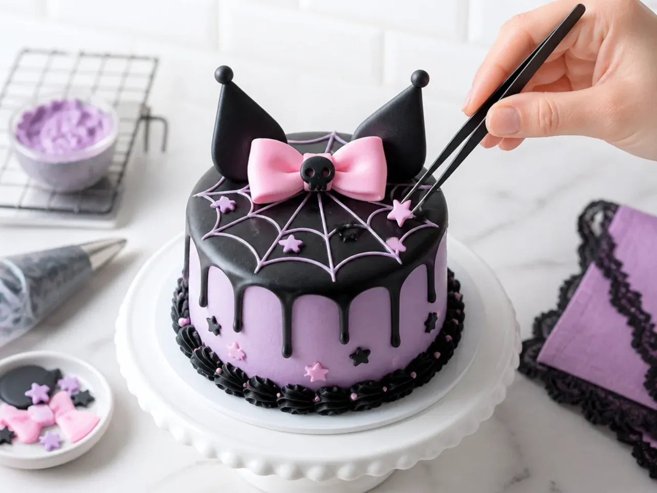 mini kuromi cake — step 7: final coat and decorate