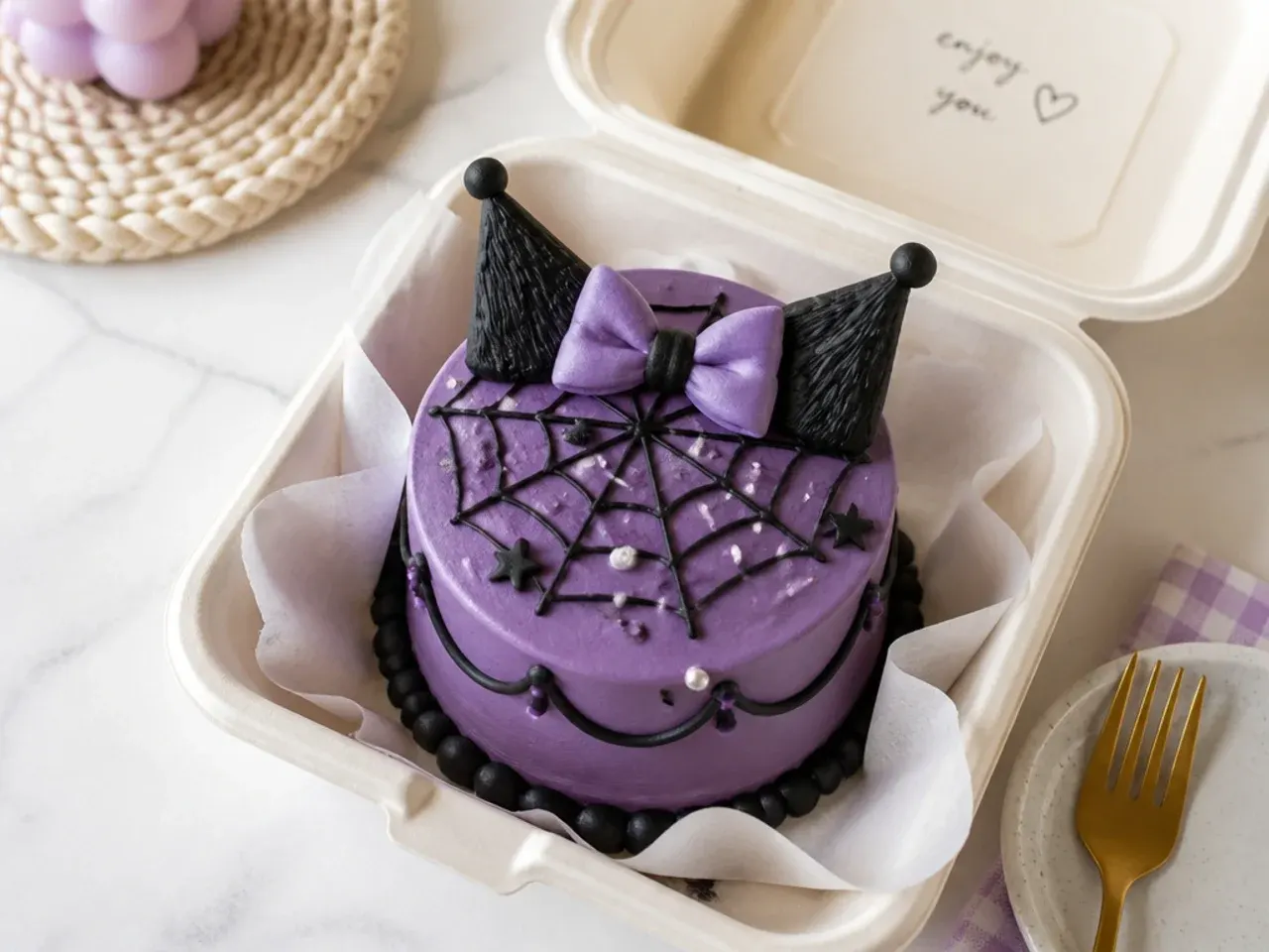 Classic mini Kuromi cake in purple and black buttercream inside a bento box