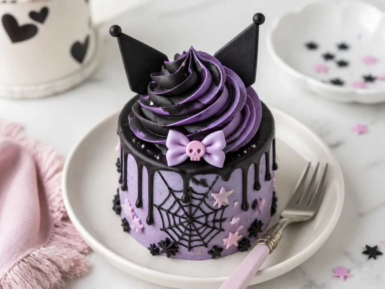Easy mini Kuromi cake topped with a two-tone purple and black buttercream swirl