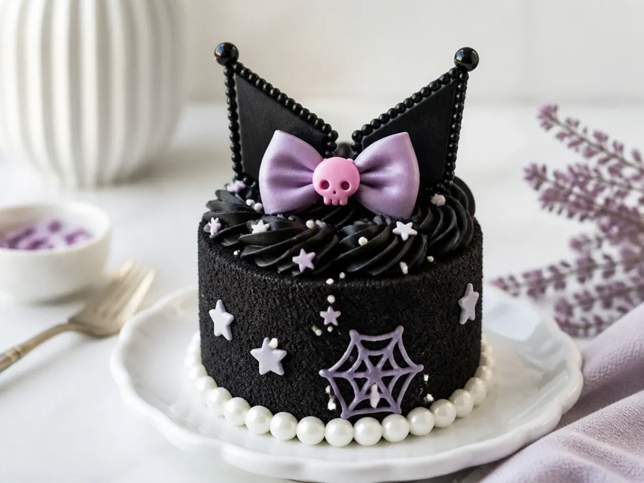 Elegant black velvet mini Kuromi cake decorated with white sugar pearls