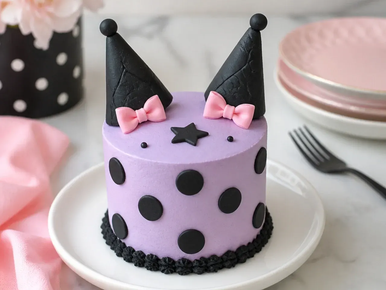 Playful mini Kuromi cake with black polka dots and fondant ear shapes