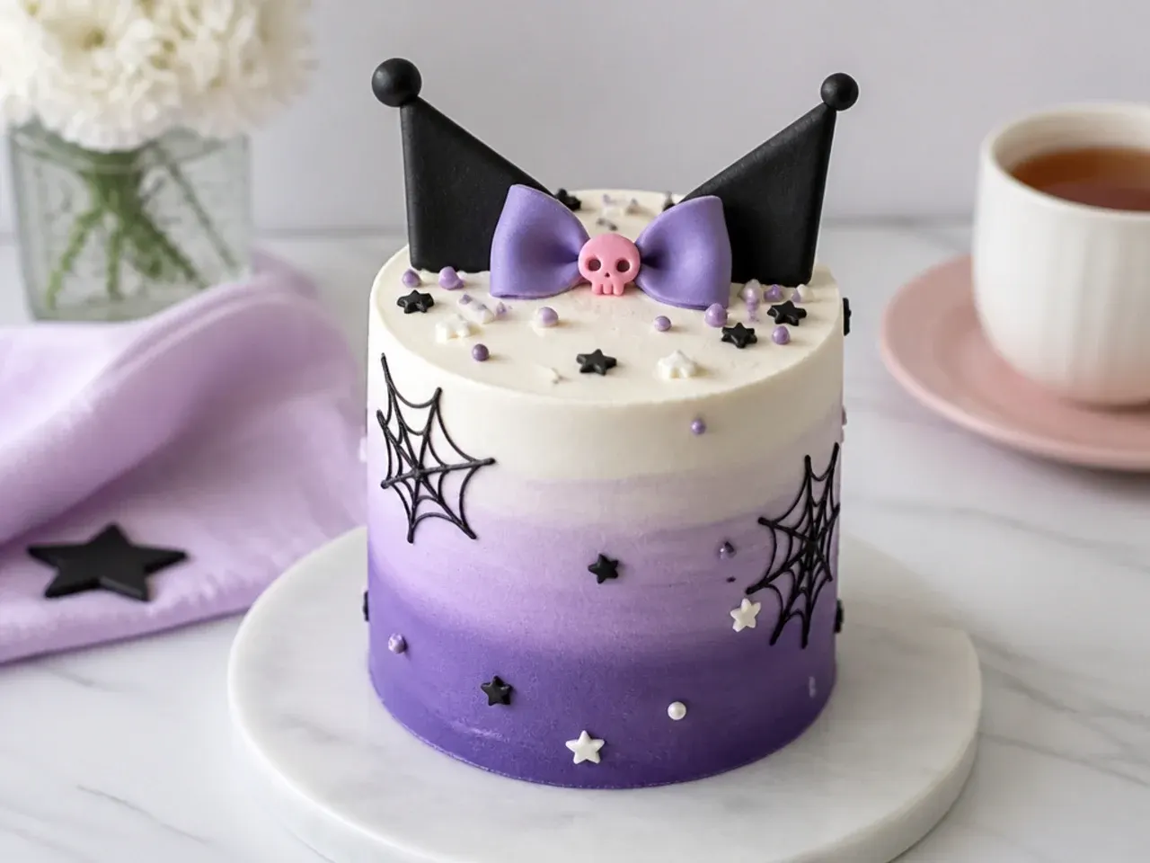 Modern ombre mini Kuromi cake fading from deep violet to white buttercream