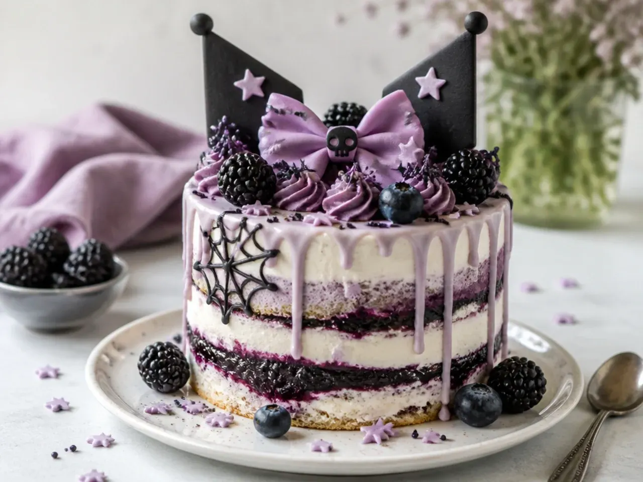 Rustic semi-naked mini Kuromi cake filled with blackberry jam and topped with fresh berries