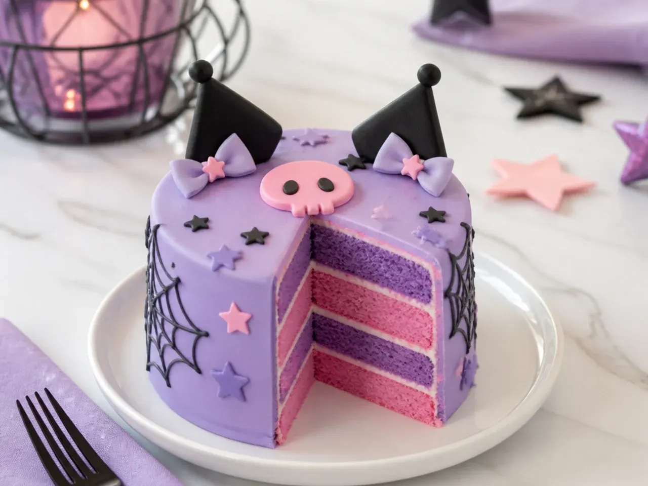 Colorful mini Kuromi cake sliced open to reveal hidden purple and pink rainbow layers