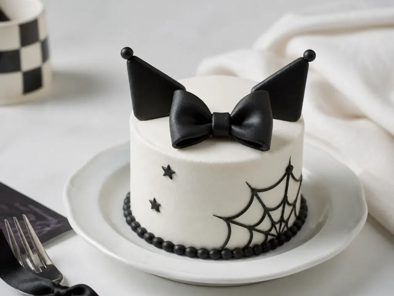 Minimal white mini Kuromi cake with a single black fondant bow