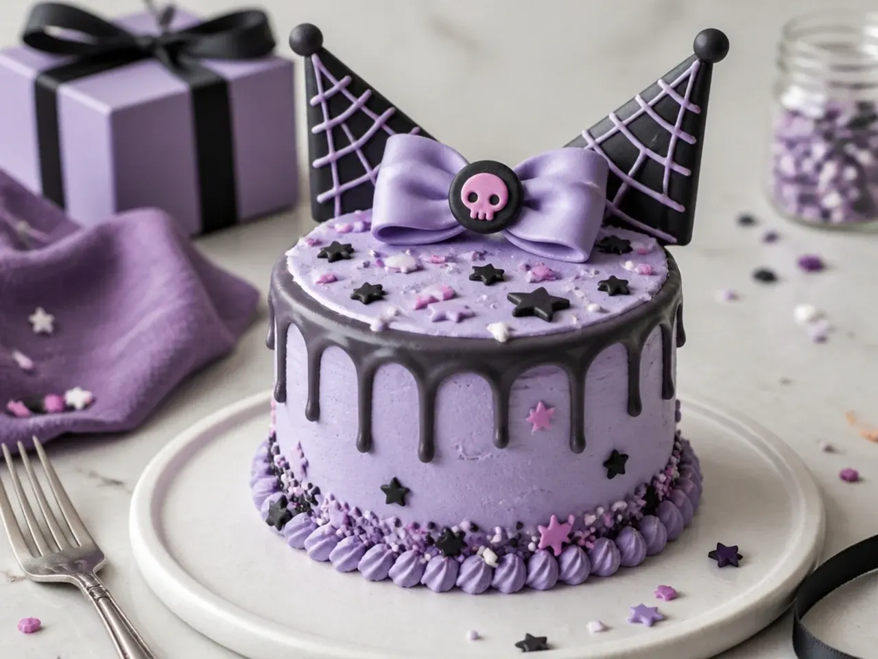 Festive mini Kuromi birthday cake with confetti sponge and star sprinkles