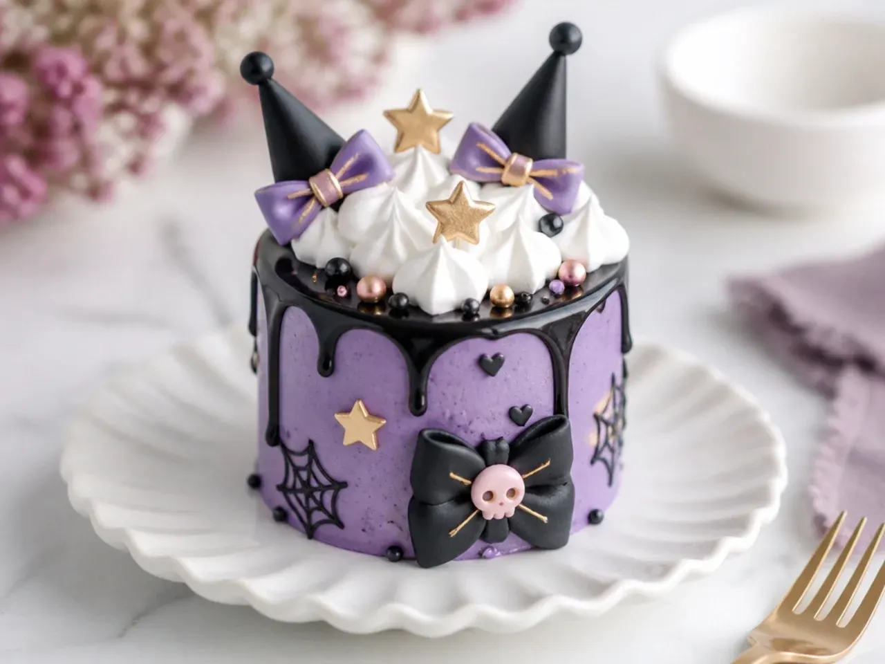 Whimsical mini Kuromi cake topped with white meringue clouds and gold stars