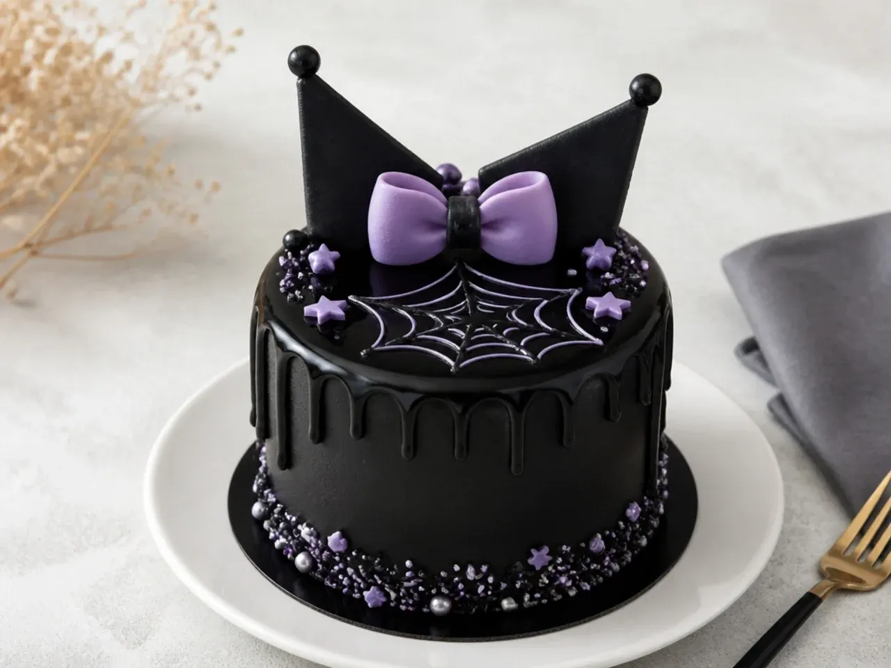 Bold all-black mini Kuromi cake with glossy black ganache drip