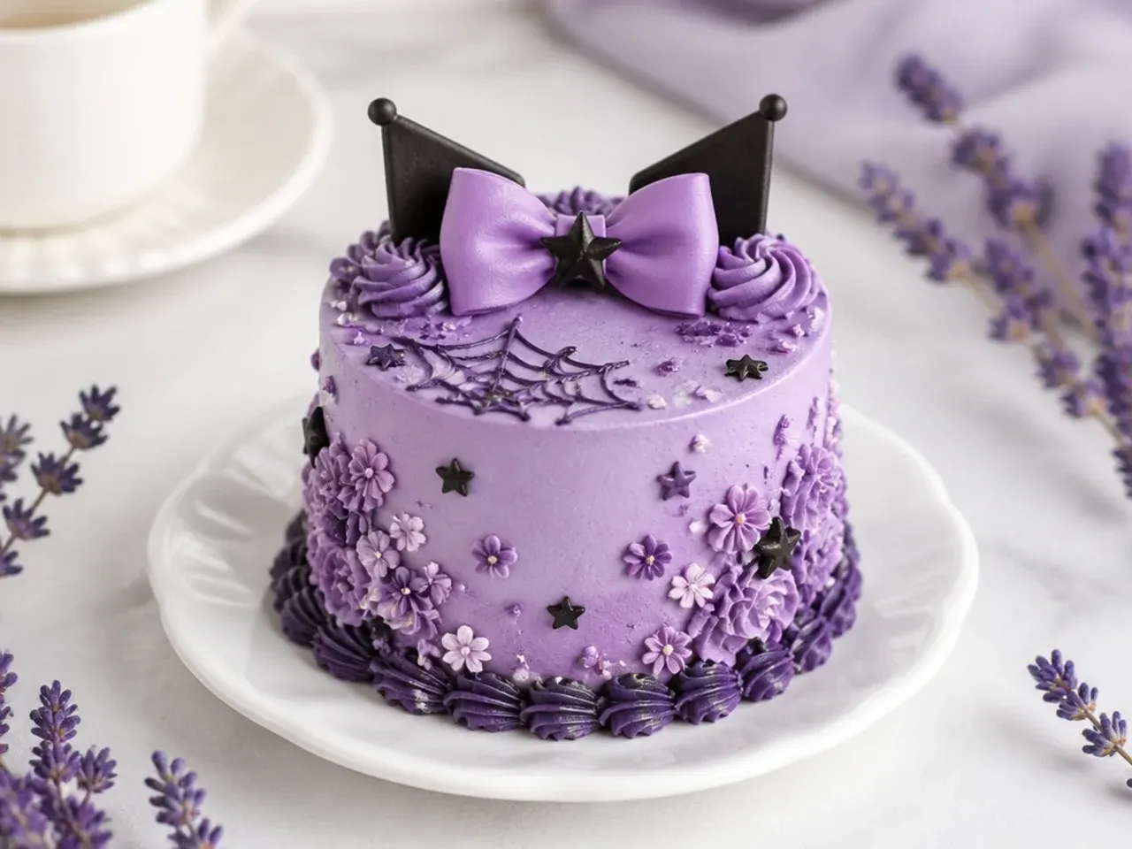 Delicate lavender mini Kuromi cake decorated with piped purple buttercream blossoms