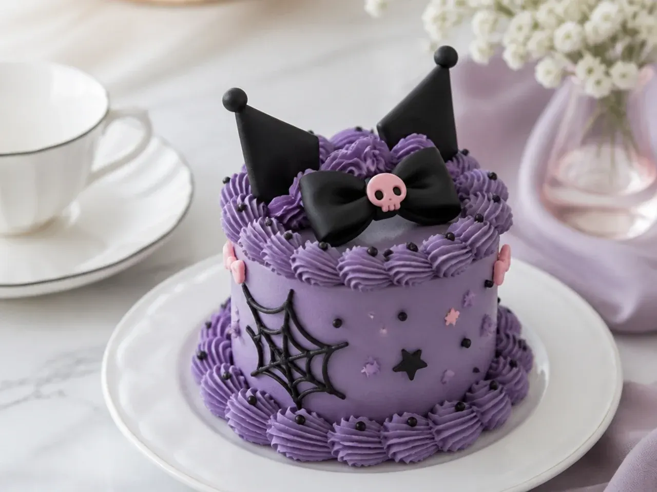 Vintage Lambeth-style mini Kuromi cake with overpiped purple shell borders