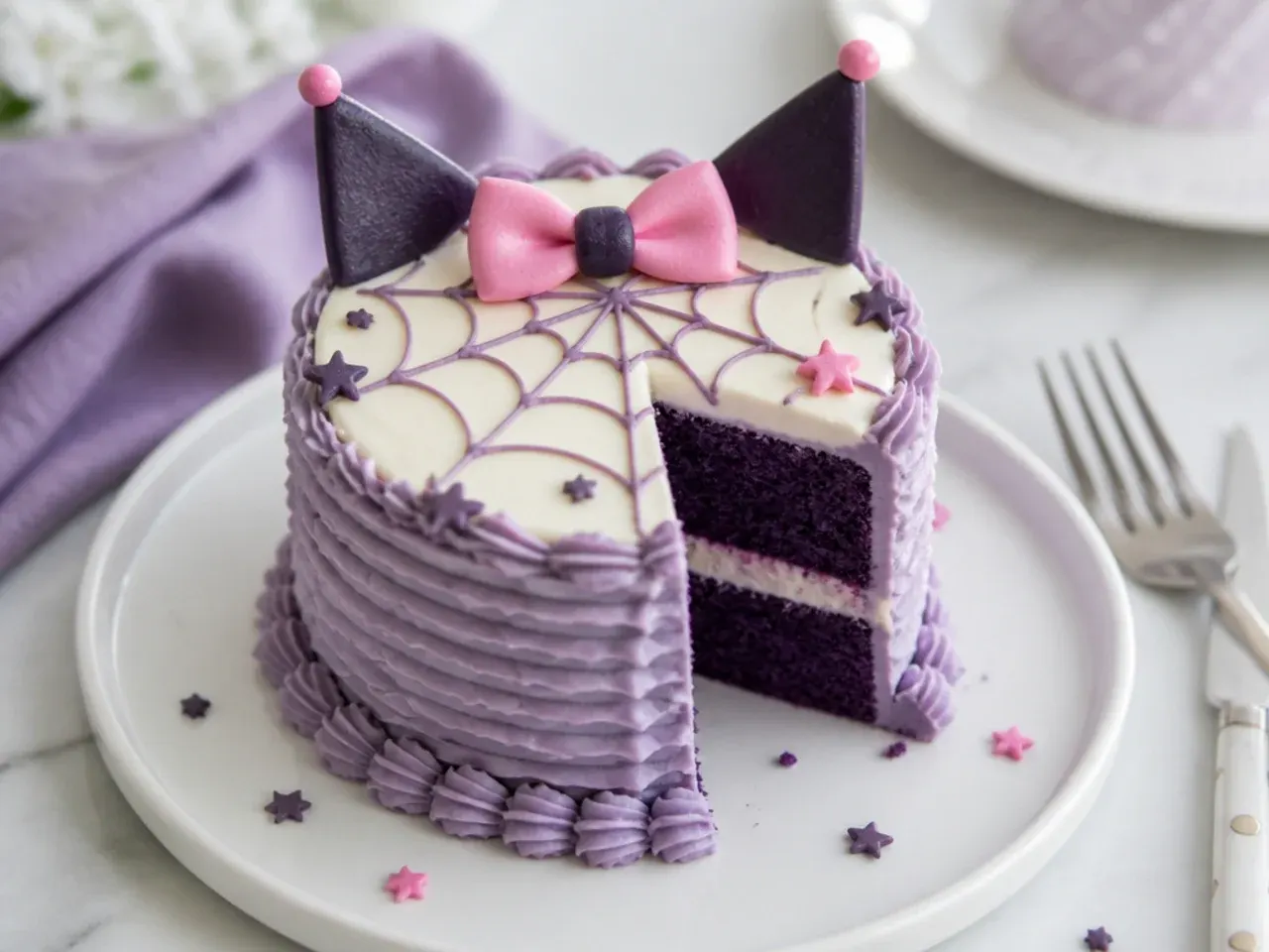 Creative ube mini Kuromi cake with naturally purple sponge and cream cheese frosting