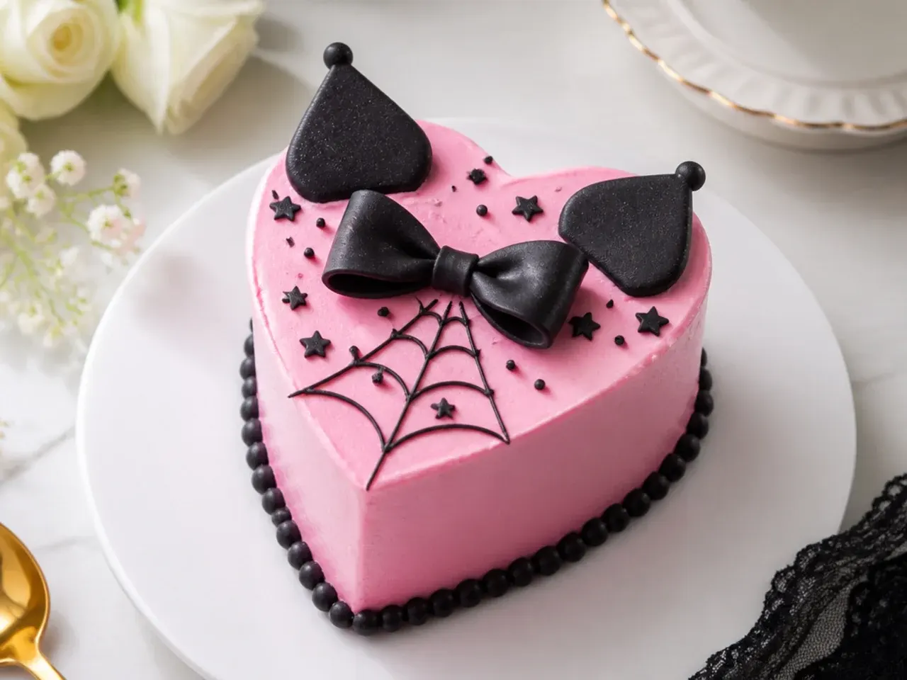 Charming heart-shaped mini Kuromi cake in pink buttercream with a black bow