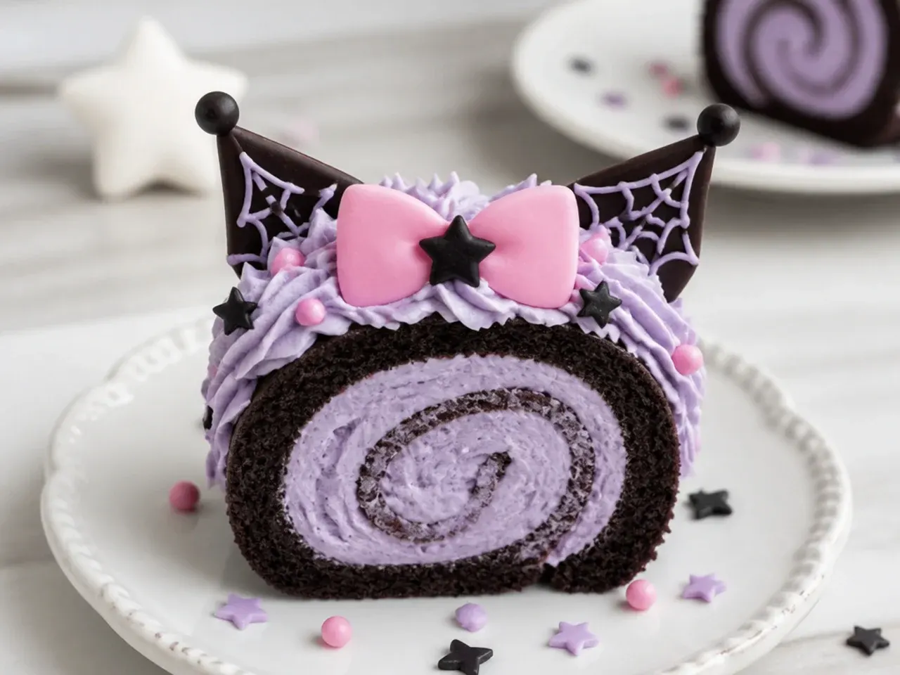 Classic black cocoa Swiss roll slices styled as mini Kuromi cakes with lilac cream