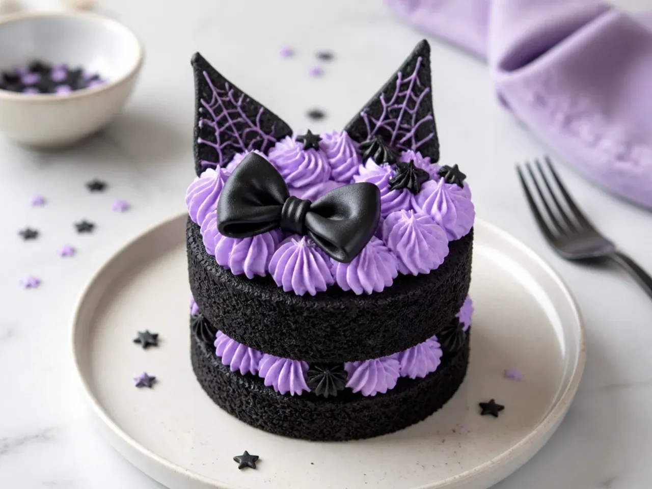 Easy sheet-pan cut-out mini Kuromi cakes stamped into rounds and stacked with buttercream