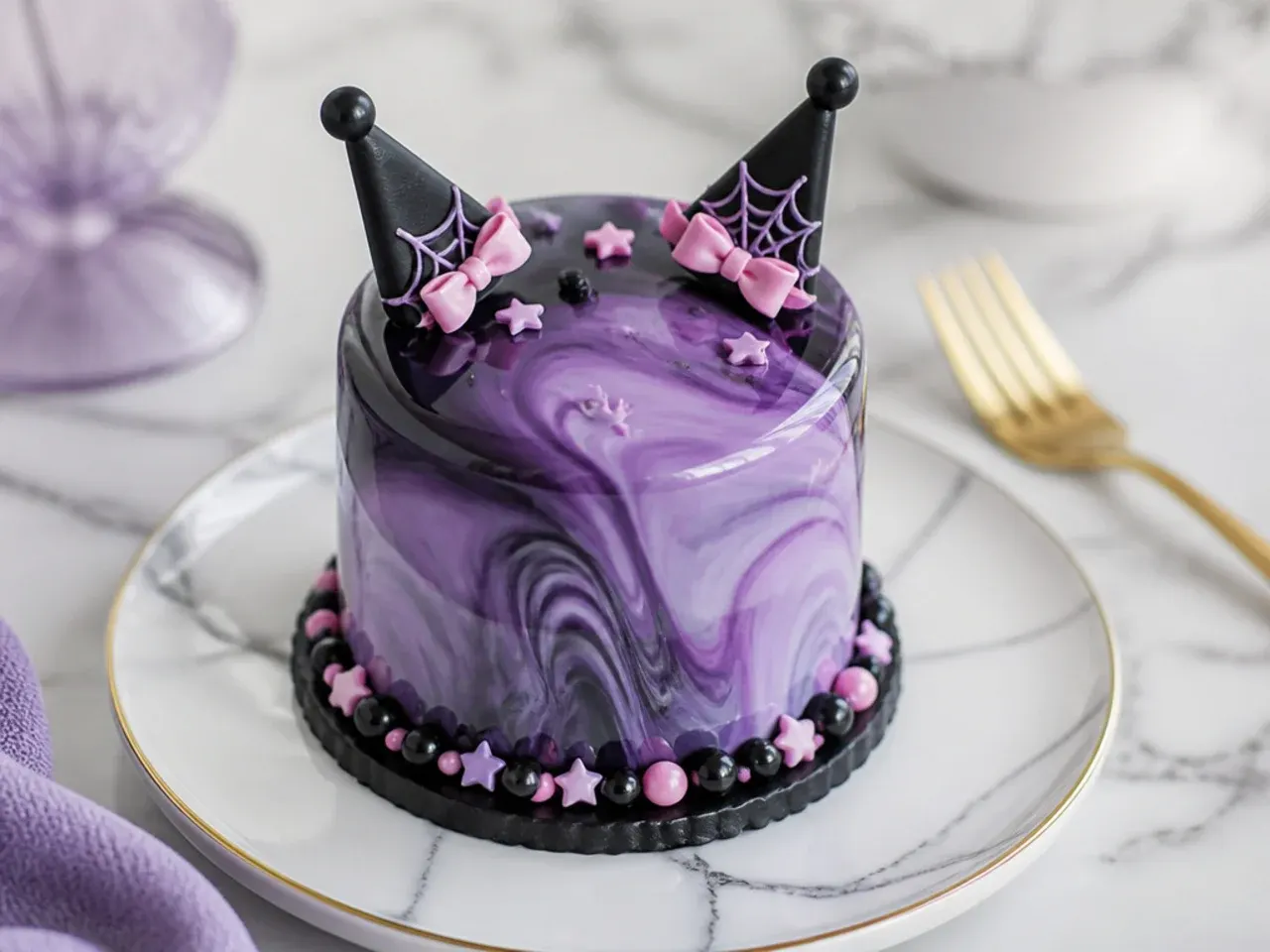Elegant mini Kuromi cake covered in glossy marbled purple mirror glaze
