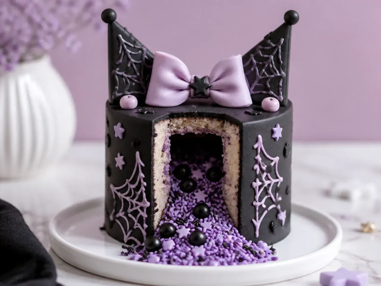 Playful pinata mini Kuromi cake spilling purple and black sprinkles from the centre