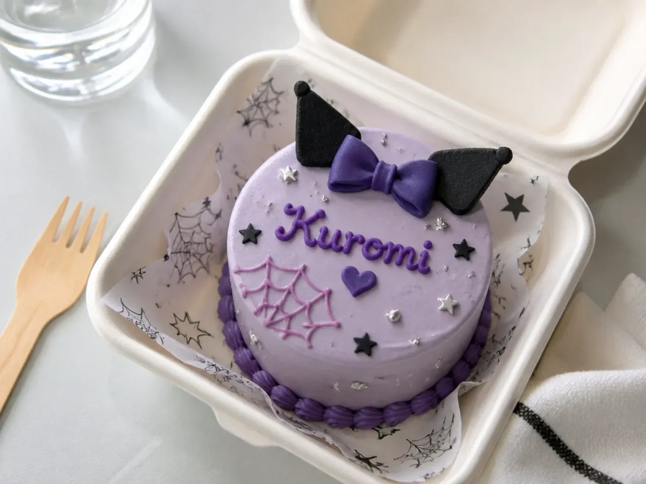 Modern Korean-style lunchbox mini Kuromi cake with piped purple lettering