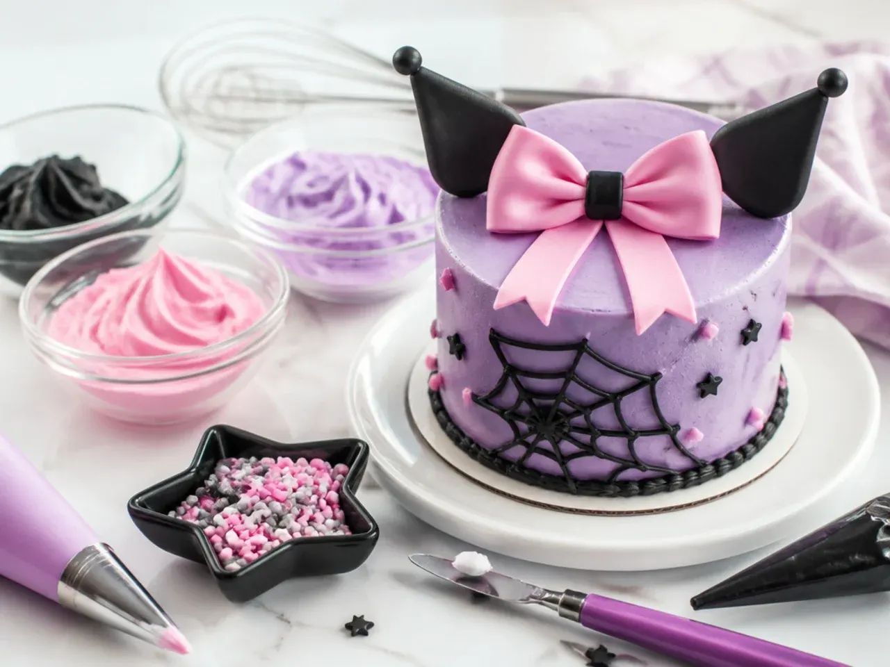 Baker's tools and tinted buttercream prepared for making a mini Kuromi cake easier
