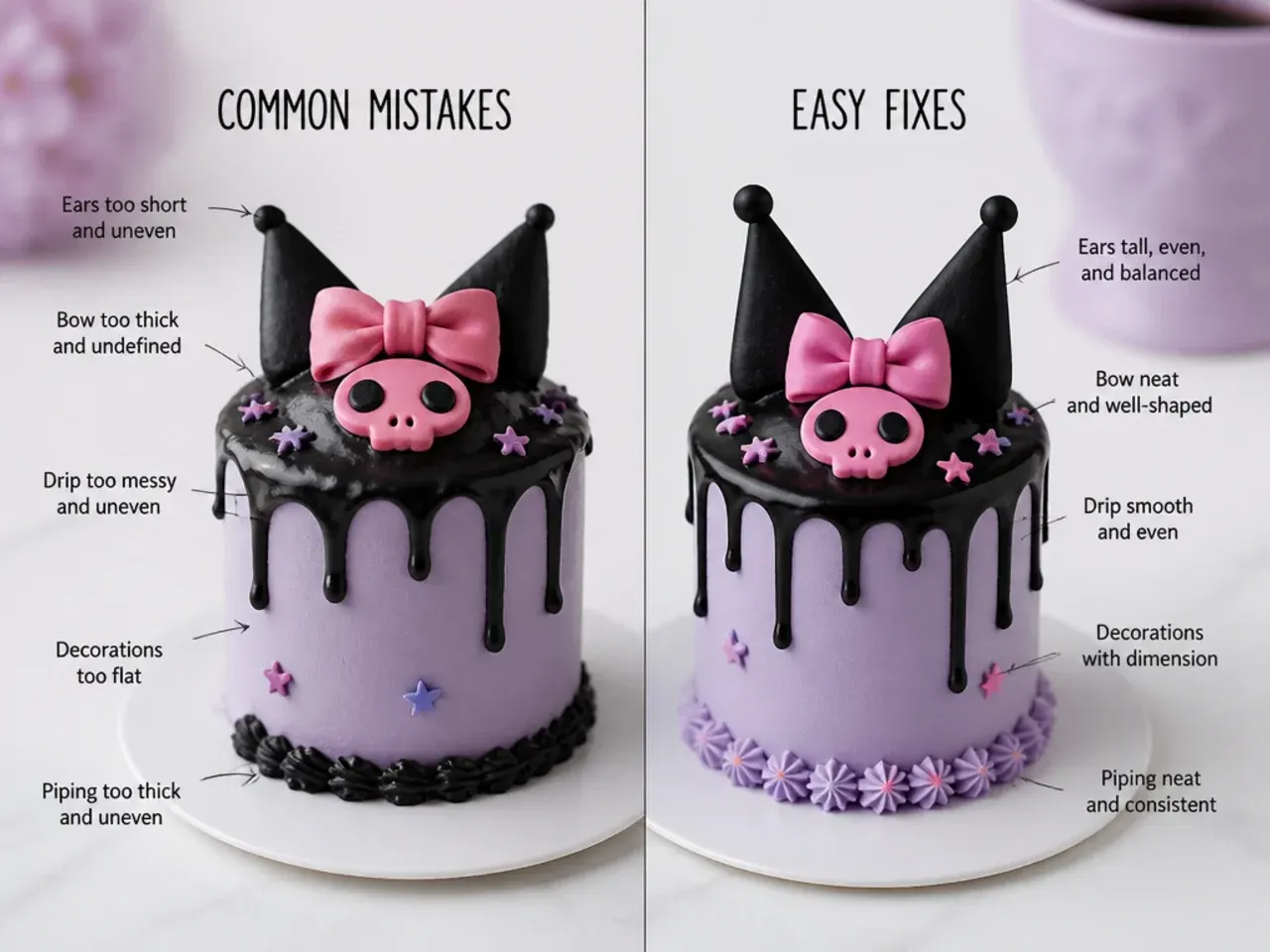 Side-by-side comparison of common mini Kuromi cake decorating mistakes and fixes