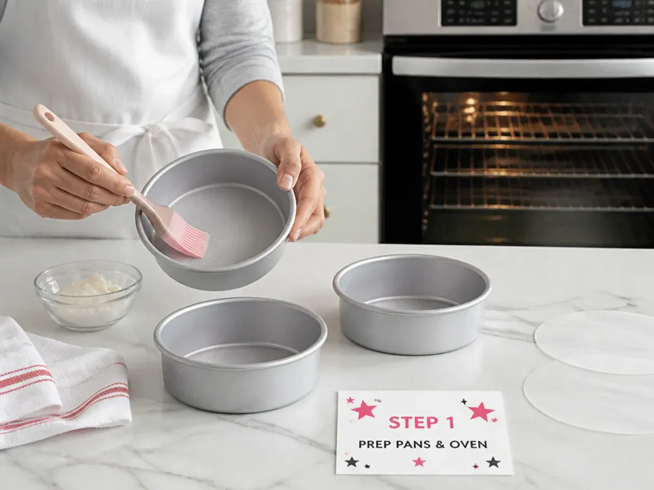 mini minnie mouse cake — step 1: prep pans and oven