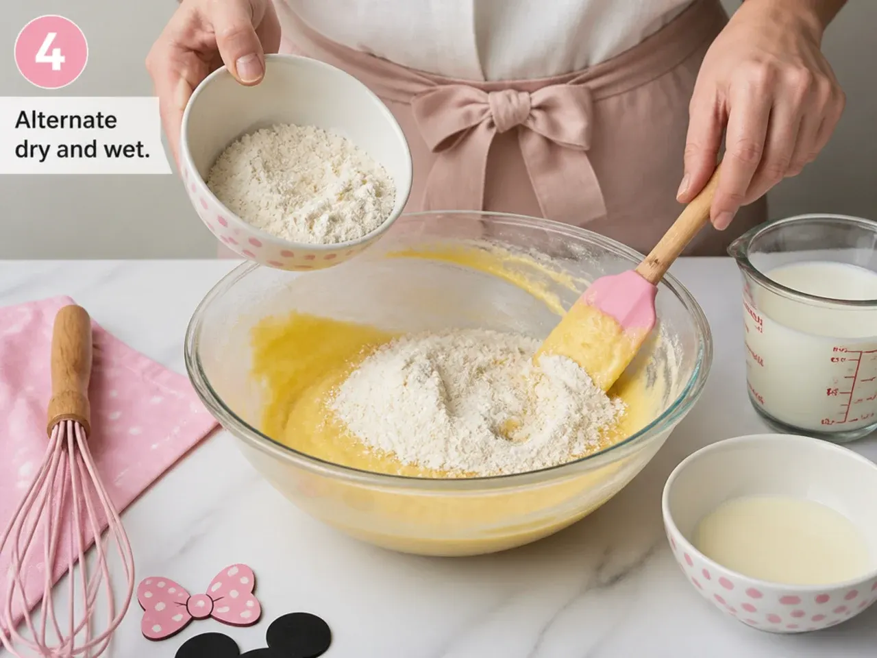 mini minnie mouse cake — step 4: alternate dry and wet