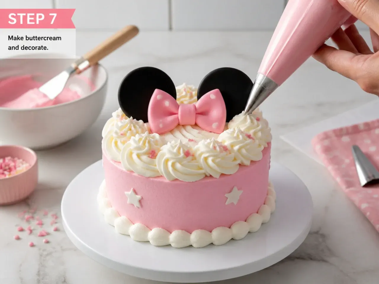 mini minnie mouse cake — step 7: make buttercream and decorate