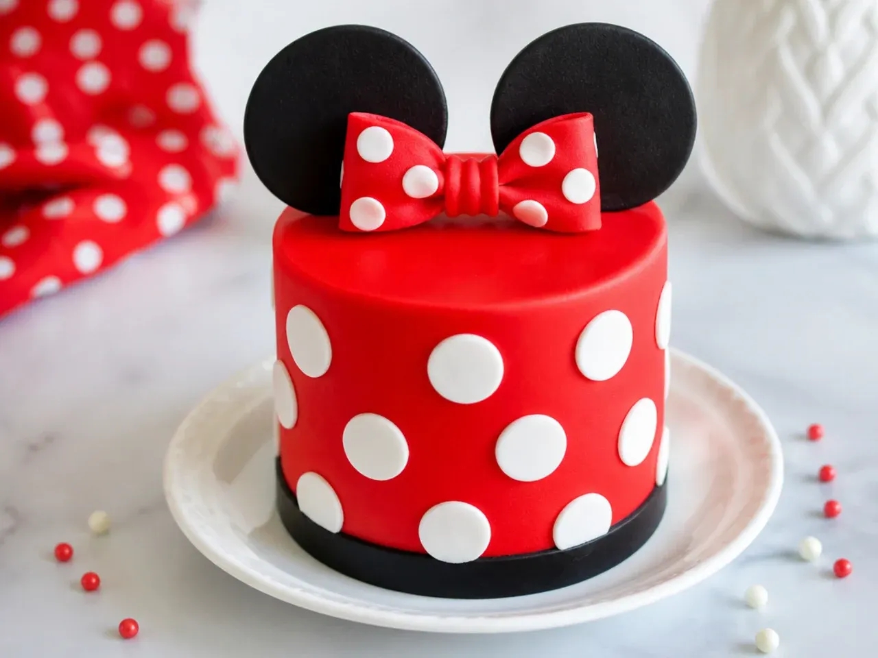 Classic mini Minnie Mouse cake with red and white polka dots and black rounded ears
