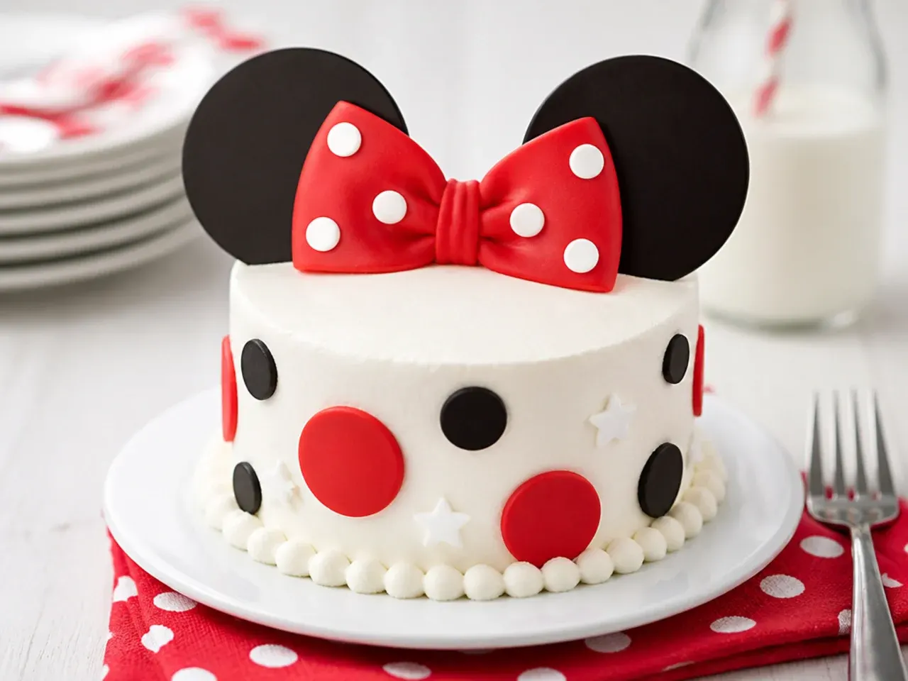 Easy mini Minnie Mouse cake made with box mix and white buttercream