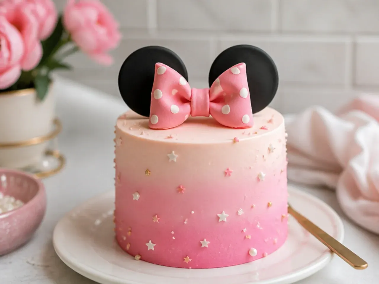 Elegant pink ombre mini Minnie Mouse cake with a fondant bow