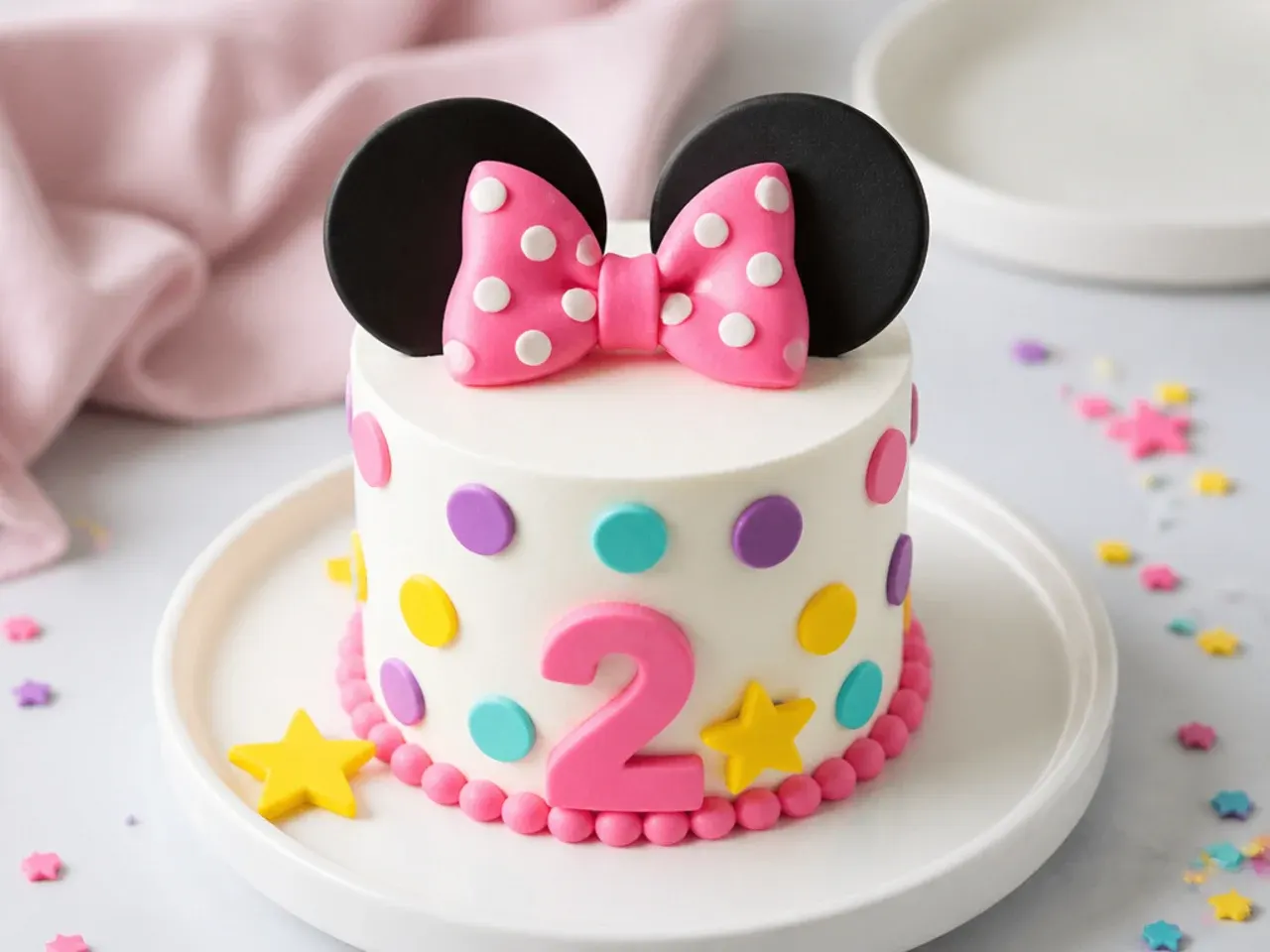 Playful rainbow polka-dot mini Minnie Mouse cake for a toddler party