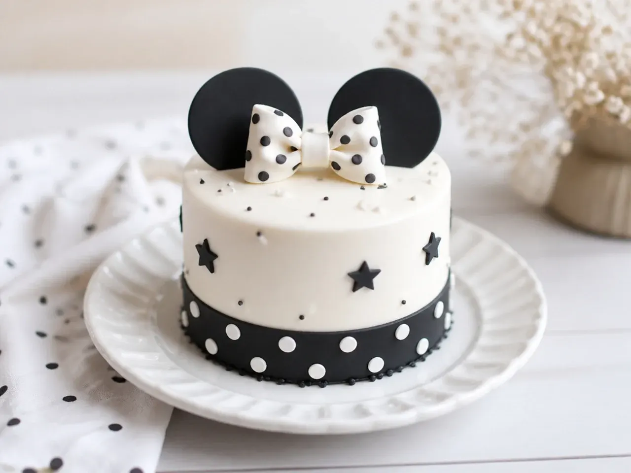 Modern black and white minimalist mini Minnie Mouse cake