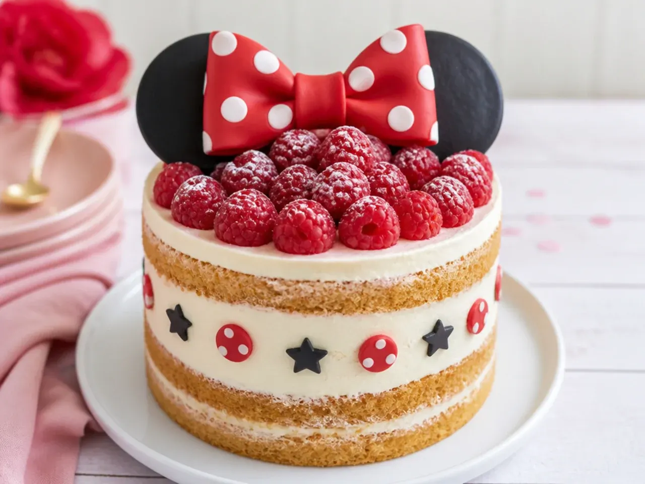 Rustic naked mini Minnie Mouse cake topped with fresh raspberries