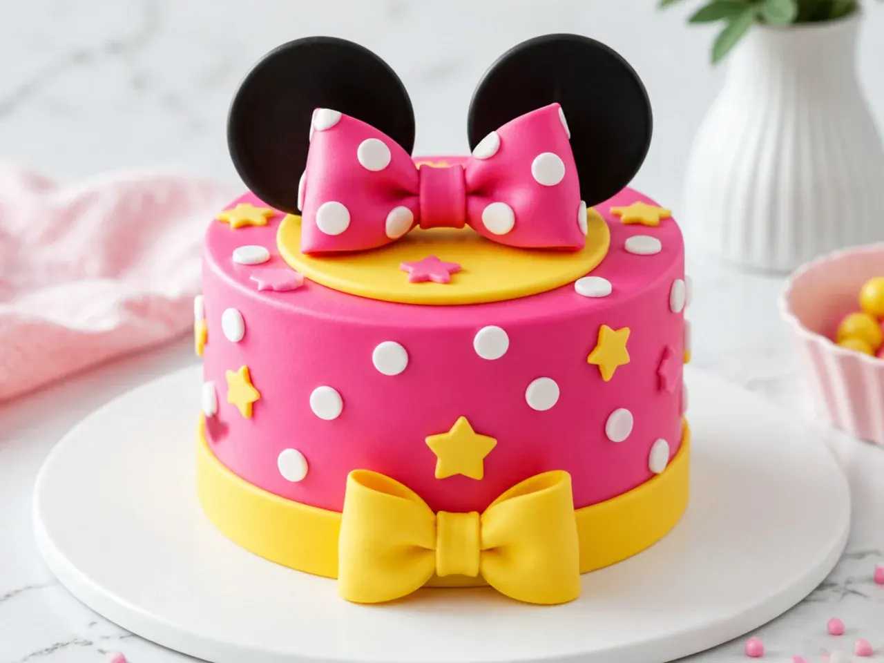 Colorful hot pink and yellow mini Minnie Mouse cake with polka dots